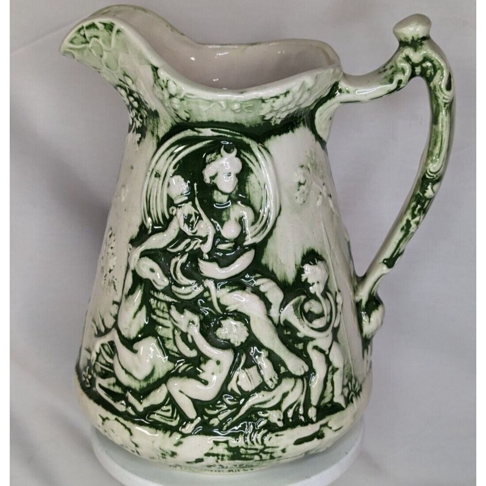 MCM 70's "Diana (Artemis) & Cherubs" Duncan Ceramics Pitcher Signed GVC Green